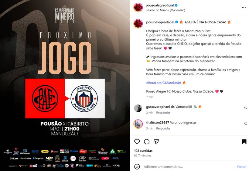Pousão coloca 3,5 mil ingressos à venda para jogo contra o Itabirito no Manduzão