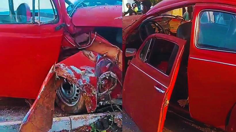 Fusca bate em poste em Santa Rita do Sapucaí e ocupantes abandonam veículo
