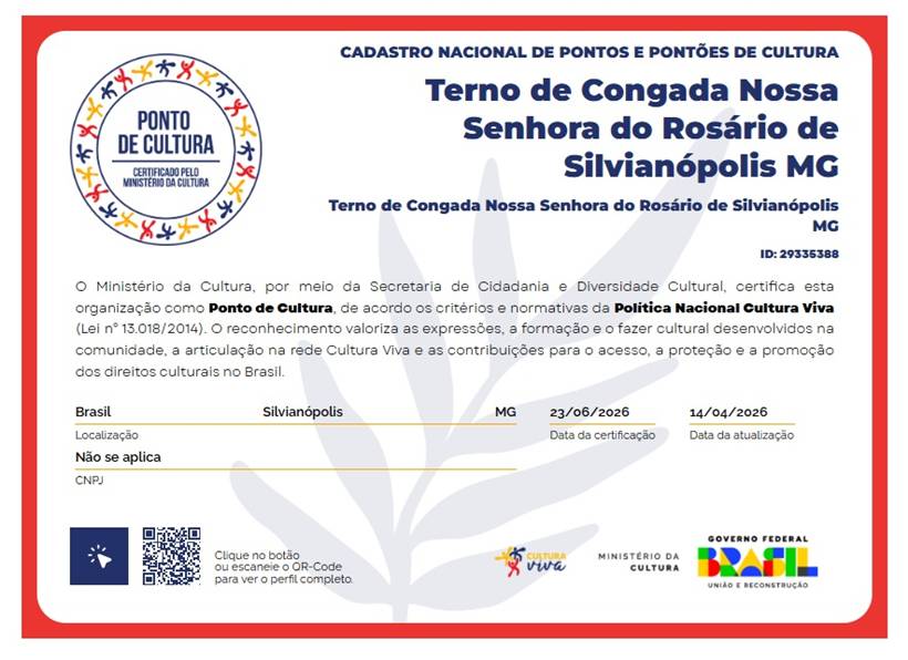 Ministério da Cultura homologa Terno de Congada de Silvianópolis como Ponto de Cultura