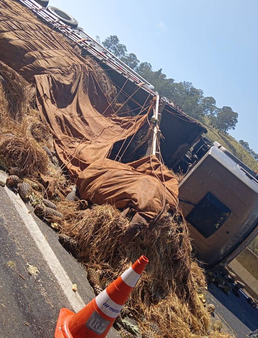 Carreta com abacaxis tomba em Itapeva e interdita Fernão Dias no sentido BH