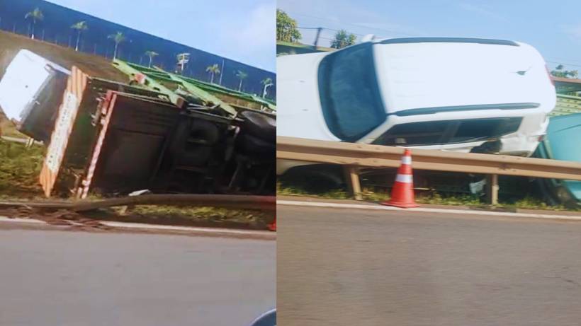 Cegonheira tomba após colidir com ônibus na Fernão Dias, em São Sebastião da Bela Vista