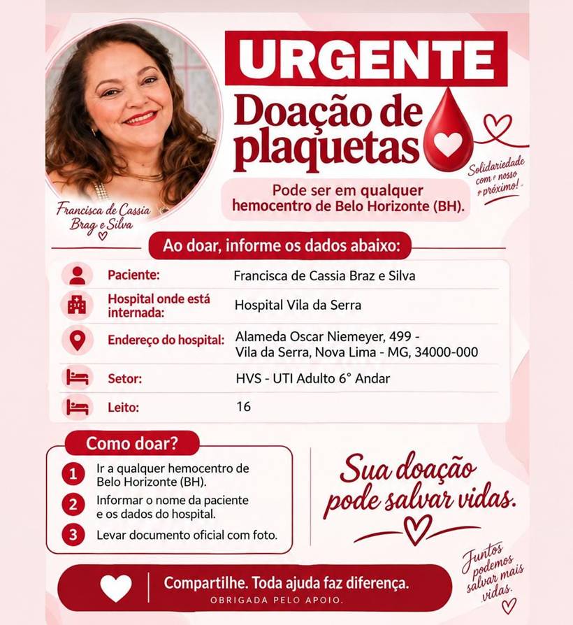 Família pede doações de sangue e plaquetas para mulher internada após transplante de medula