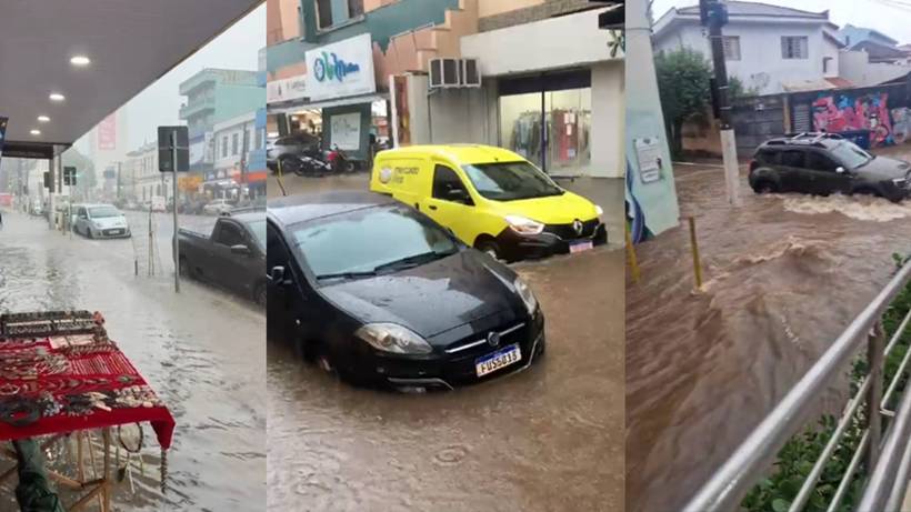 Ruas do centro e bairros de Pouso Alegre ficam alagadas durante temporal
