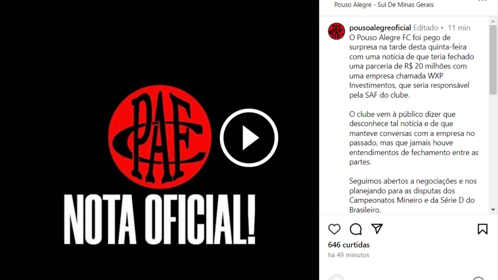 🔴⚫️ Tabela atualizada do - Pouso Alegre Futebol Clube