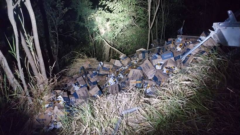 Caminhão com cervejas tomba ao desviar de carro que fazia ultrapassagem proibida na BR-459